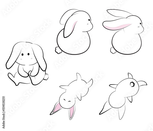 set of simple line drawing of a white rabbit with pink inner ears and a fluffy tail.