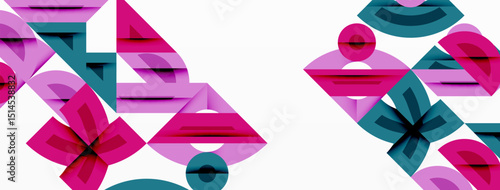Abstract geometric shapes, pinks, teal hues dominate composition. Modern design, clean lines create dynamic visual impact.