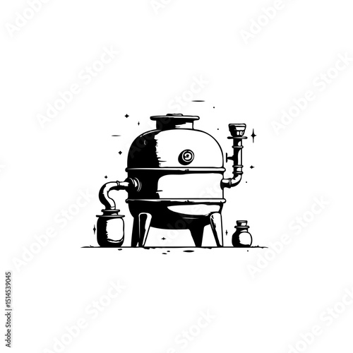 Vintage distillery equipment vector illustration featuring a black and white design