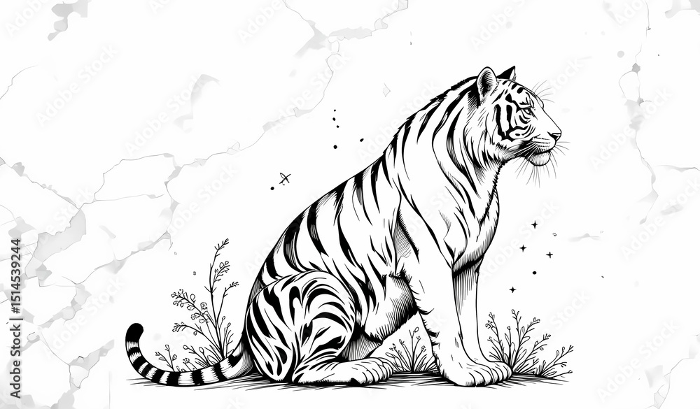 Naklejka premium Majestic tiger sitting in profile with detailed ink drawing