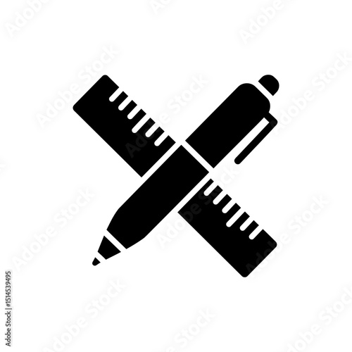 Pen and ruler crossing each other on white background