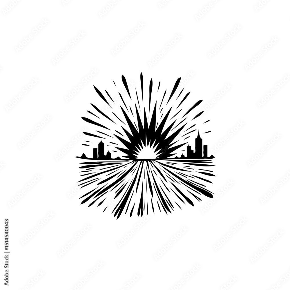 Obraz premium Graphic cityscape with sunburst and skyline illustration design with vector format