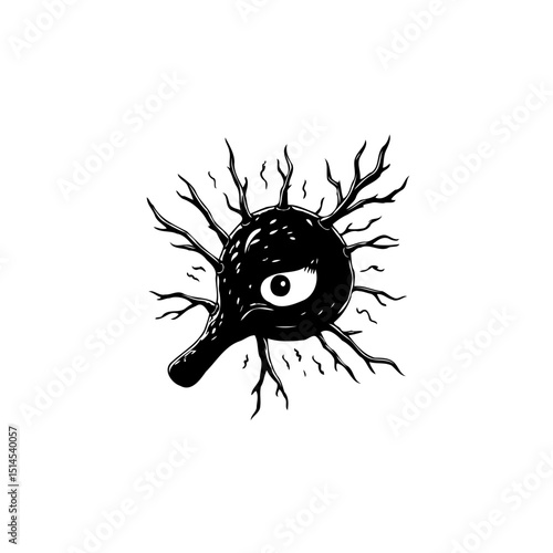 Creepy one-eyed monster with branches vector illustration in black and white