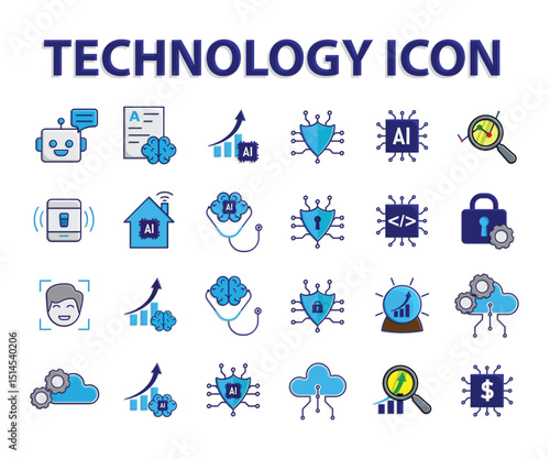 Technology icons set. Automatic, Security systems, Finance, etc. Depicts automation, future, artificial intelligence. Isometric design style