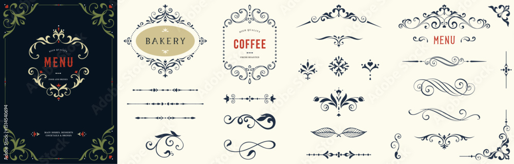 Ornate elements, frames, labels, scroll, floral motifs. For branding, graphic design, packaging, stickers, business and greeting cards, wedding invitations, menu, diplomas.