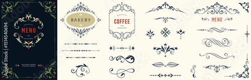 Ornate elements, frames, labels, scroll, floral motifs. For branding, graphic design, packaging, stickers, business and greeting cards, wedding invitations, menu, diplomas.