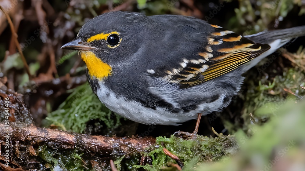 Fototapeta premium Vibrant Yellow-rumped Bird on Mossy Branch Closeup
