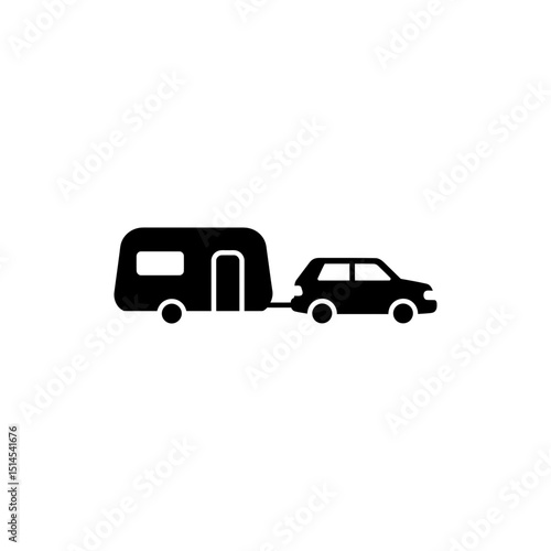 Caravan trailer being towed behind car on road travel scene