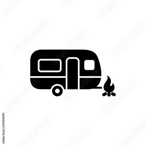 Caravan icon with campfire beside on camping outdoor background