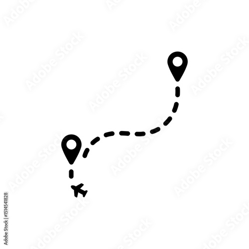 Flight path with dotted arc showing airplane route