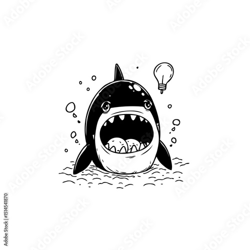 Cartoon shark character with a bright idea portrayed in minimalist black and white