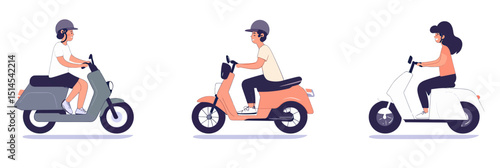 Three people riding electric scooters in side view wearing helmets casual clothing illustration flat style vector transport technology eco friendly mobility urban travel