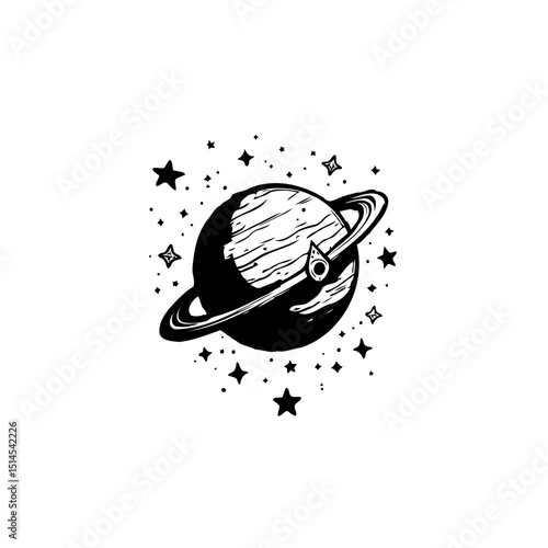 Monochrome illustration of a celestial planet surrounded by stars cosmic design