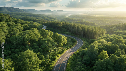 Aerial View: Winding Road Through Lush Green Forest & Rolling Hills at Sunset