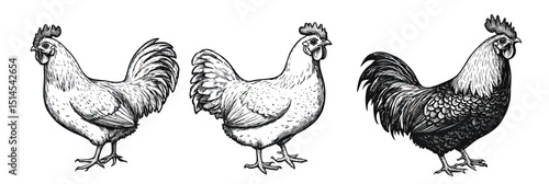 Detailed black and white hand drawn illustration of rooster, hen, and chicken side view with vintage engraving style ink sketch vector set on white background