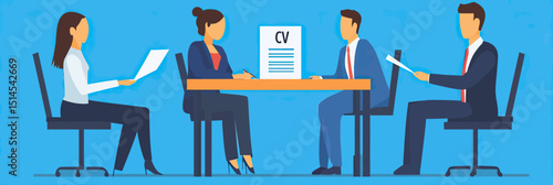 Four business people in formal attire sitting at table reviewing CV and documents during job interview or recruitment meeting flat vector illustration