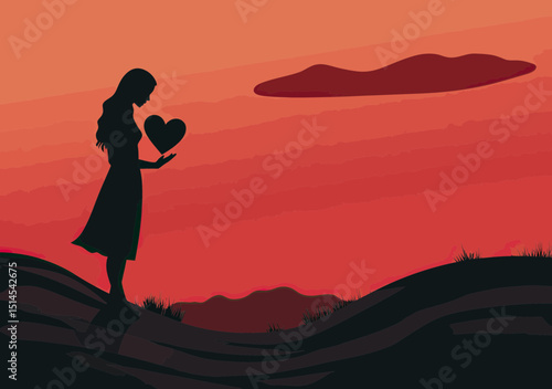 Silhouette of woman holding heart shape standing on hill with red sunset sky and single cloud minimalist vector illustration of love and compassion concept