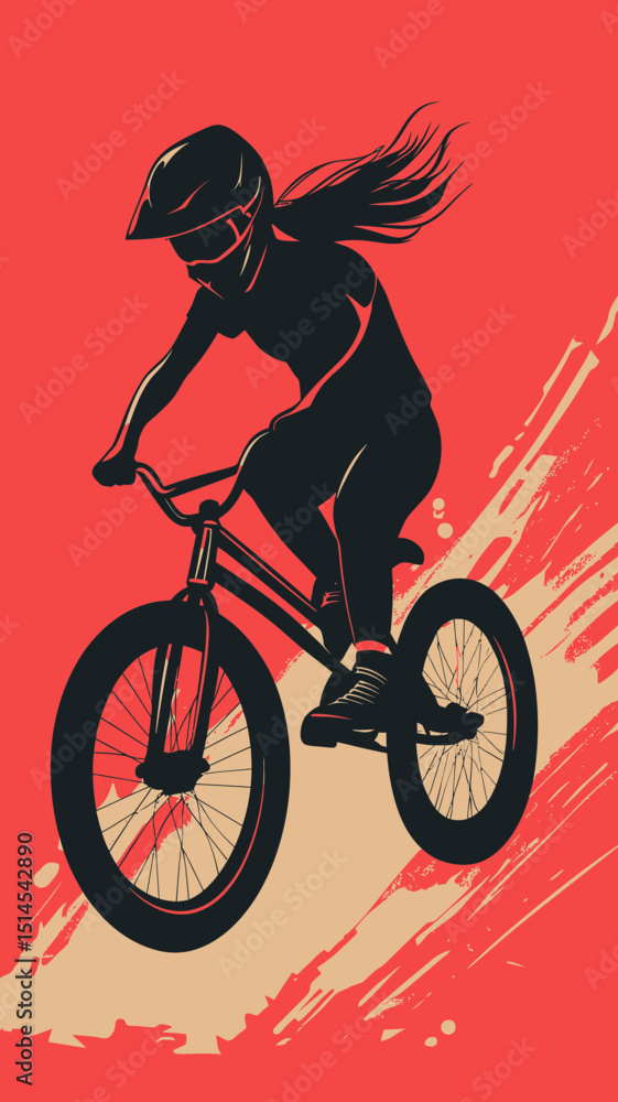 Fototapeta premium Silhouette of BMX girl rider performing jump stunt on bicycle in dynamic minimalist flat vector style with flowing hair and helmet on red background
