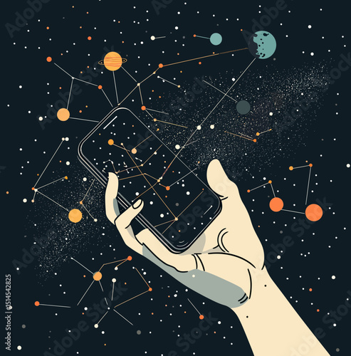 Hand holding smartphone with cosmic star map planets constellation network digital space connection technology illustration