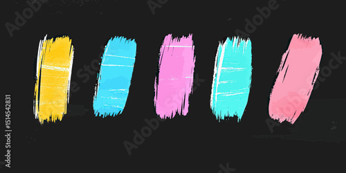 Colorful chalk style brush stroke vector elements in yellow, blue, pink and turquoise on black textured background for artistic design and decoration use
