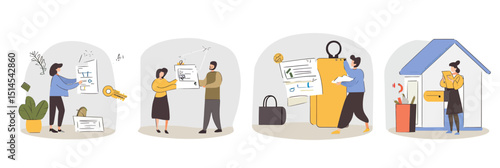 Mortgage approval process illustration with people reviewing loan documents, signing contracts, bank approval, and receiving house keys in flat minimalist style