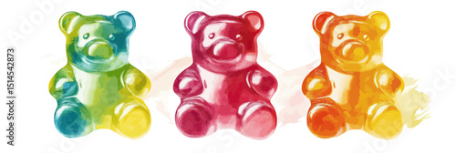 Colorful gummy bear candy digital watercolor painting in flat minimalist style with vibrant yellow orange green and red hues on white background