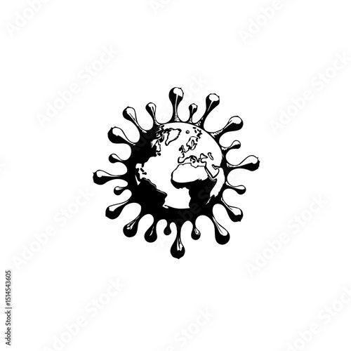 Global Pandemic Representation: Earth Surrounded by Viral Spikes in Black and White