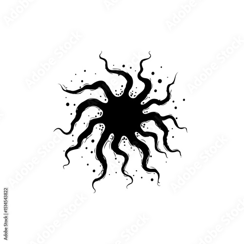 Abstract black octopus design with curling tentacles and scattered droplets