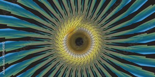 Vivid abstract spiral formed by colorful linear patterns radiating from a central point, symbolizing motion, energy, and creativity. 