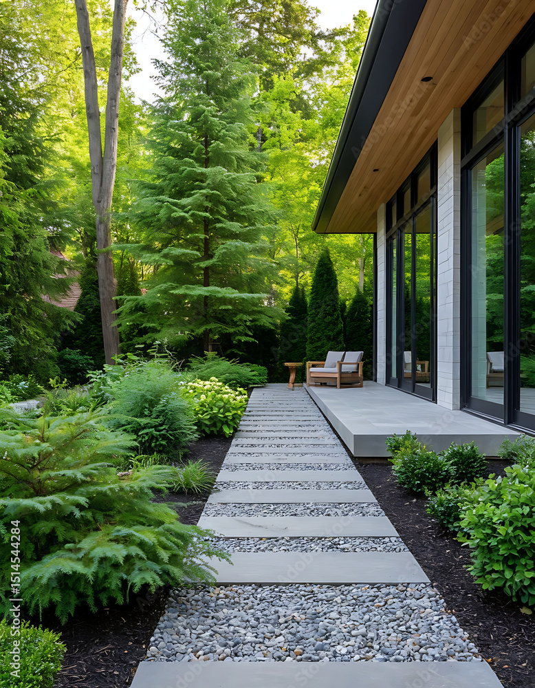 Fototapeta premium A modern home with a landscaped walkway and garden. The architecture blends with the natural environment, creating a sense of tranquility.