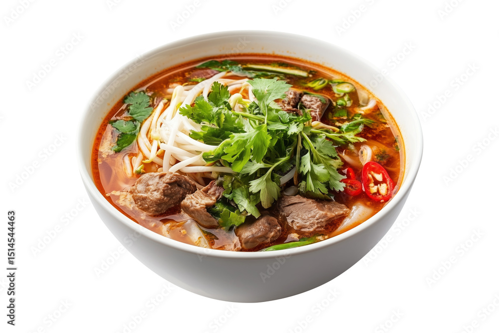 Vietnamese beef noodle soup Bun Bo Hue with fresh herbs, lime slice, and rice noodles in broth isolated on white transparent background, concept of Asian cuisine Vietnamese beef noodle soup Bun Bo Hue with fresh herbs, lime slice, and rice noodles in broth isolated on white transparent background, concept of Asian cuisine