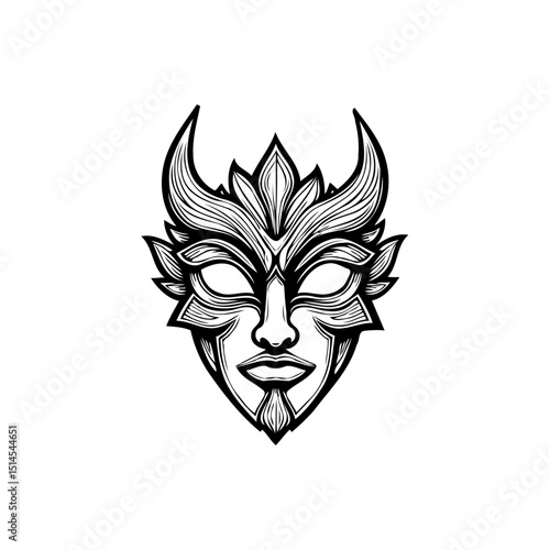 Abstract illustration of a horned mask with intricate line work and monochrome design