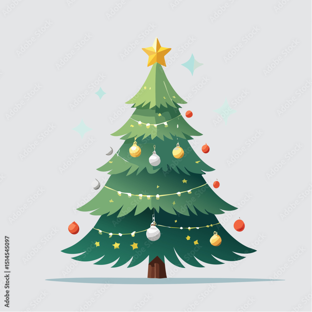Christmas Tree: A festive illustration of a decorated Christmas tree, adorned with ornaments, lights, and a star, evoking the spirit of the holiday season. Christmas Tree: A festive illustration of a decorated Christmas tree, adorned with ornaments, lights, and a star, evoking the spirit of the holiday season.