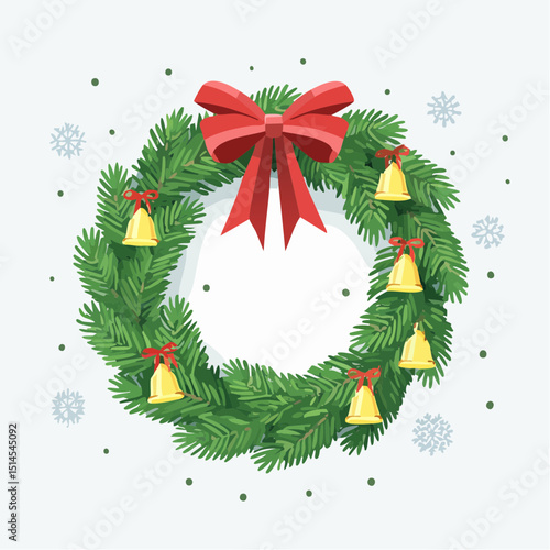 Christmas Wreath with Bells: A festive Christmas wreath adorned with jingle bells and a vibrant red bow, perfect for holiday greetings and celebrations.