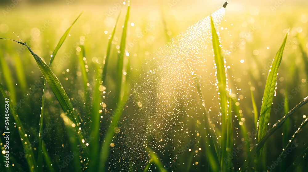 Obraz premium Close-up of mist spray from drone nozzle over green rice plants 