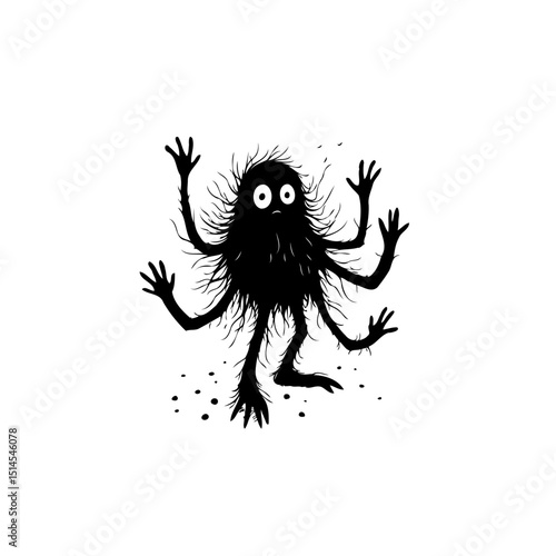 Cartoonish creature with multiple arms and legs in black and white drawing style