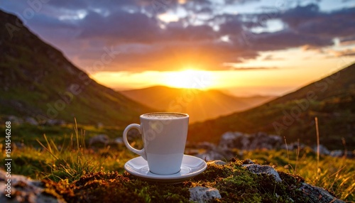 A cup of black coffee, on a background with dramatic lighting, colorful mountain sunset, dark clouds and sky and sunbeams.