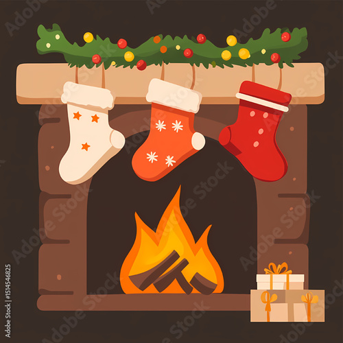 Cozy Christmas Fireplace with Hanging Stockings Festive Holiday Cheer and Warmth
