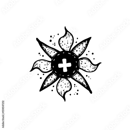 Hand-drawn floral design with central plus sign representing growth and positivity