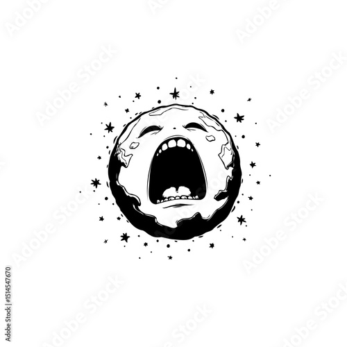 Expressive cartoon moon face screaming surrounded by stars in monochrome design