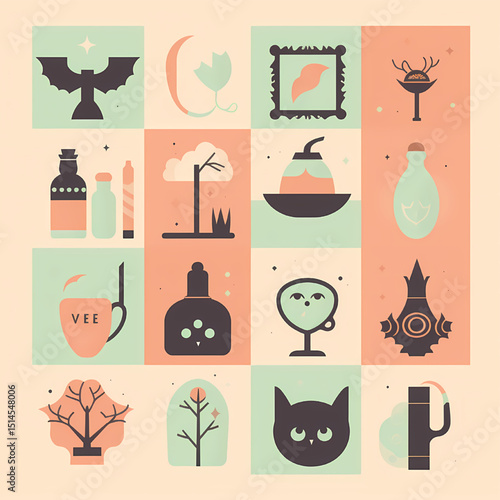 Whimsical Autumn Equinox Illustrations A Collection of Mystical and Cute Fall Icons Featuring Bats, Moons, and Magical Potions