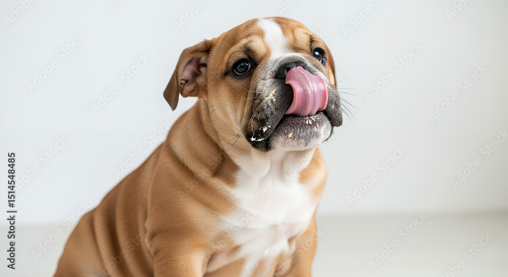 Fototapeta premium Cute English Bulldog puppy licking its lips with a playful expression against a plain background