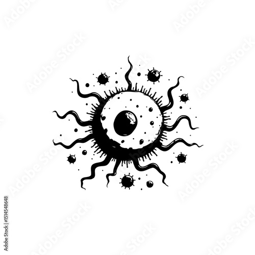 Abstract Black and White Illustration of a Celestial Body with Tentacles and Spots