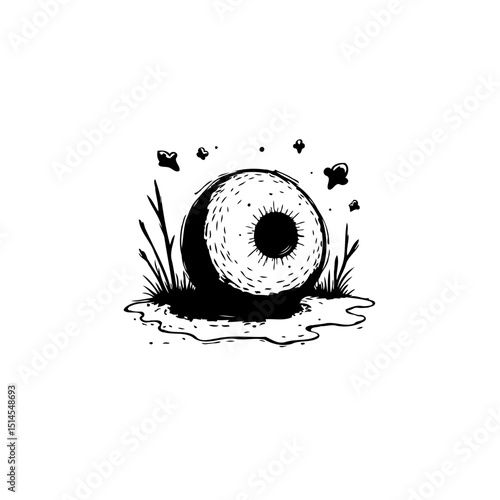 Creepy eye on the ground, spooky illustration, fantasy art in black and white