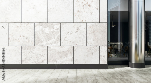 Fototapeta Naklejka Na Ścianę i Meble -  Modern stone wall with blank tile facade and glass storefront in commercial building exterior with clean design and copyspace for signage mockup. 3D Rendering