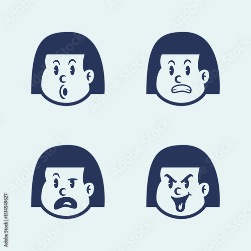 Vector cartoon of a little girl with straight hair showing 4 emotions: happy, cheerful, talking, and sad. Perfect for education, UI emoji packs, or emotional learning content