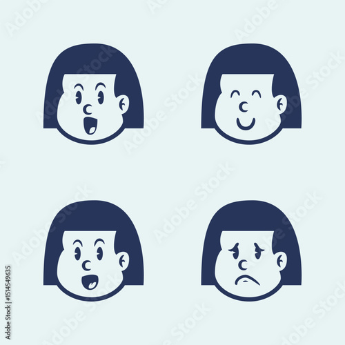 Vector cartoon of a little girl with straight hair showing 4 emotions: happy, cheerful, talking, and sad. Perfect for education, UI emoji packs, or emotional learning content