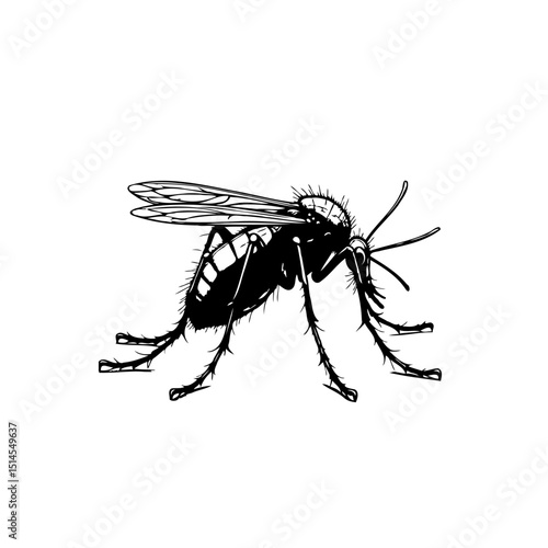 Detailed Black and White Illustration of a Mosquito on a Clean White Background