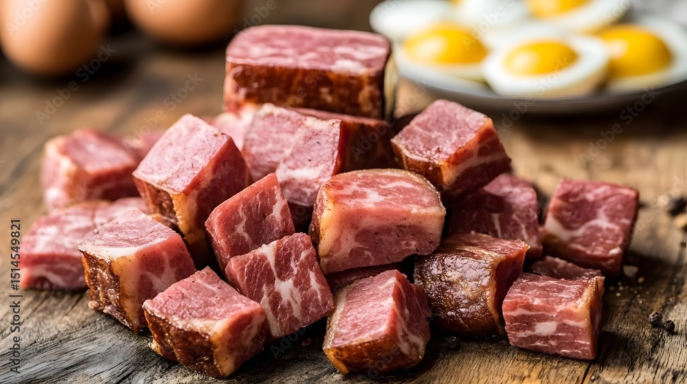 Fototapeta premium Delicious Smoked Beef Cubes on Wooden Board