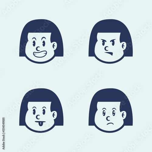 Vector cartoon of a little girl with straight hair showing 4 emotions: happy, cheerful, talking, and sad. Perfect for education, UI emoji packs, or emotional learning content